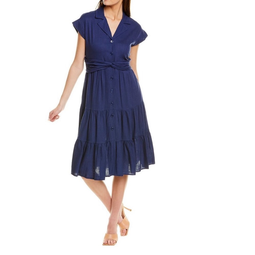 EUC Maison Tara linen-blend indigo colored button down midi dress, size 14